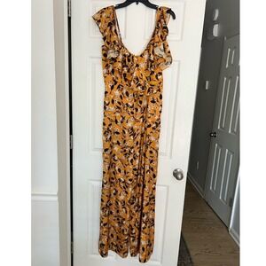 Tularosa Mustard Yellow Floral Ruffle Wide Leg Jumpsuit Size L